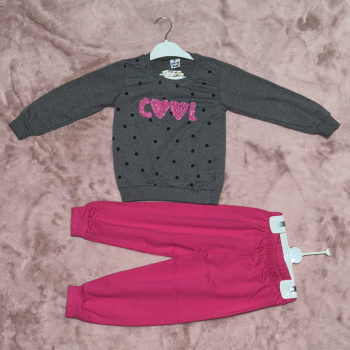 3-7 yaş pontiyeli ikili alt üst takım gri fuşya kız çocuk