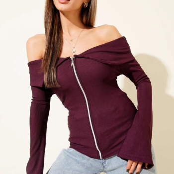 Omzu Açık Fermuarlı Bluz Mürdüm T4330