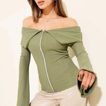 Omzu Açık Fermuarlı Bluz haki T4330