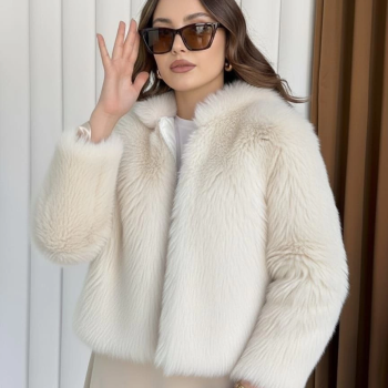 Fermuarlı kısa kürk siyah ekru t7746