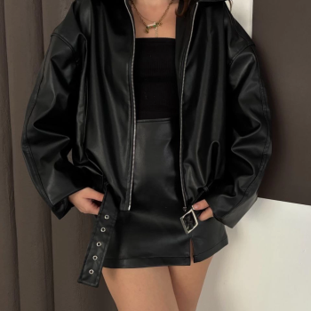 Astarlı kemerli pb deri ceket siyah onst