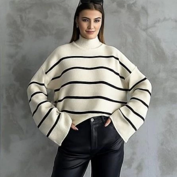 Çizgili ispanyol kol triko boğazlı kazak beyaz elf