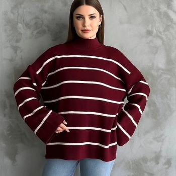 Çizgili ispanyol kol triko boğazlı kazak bordo elf