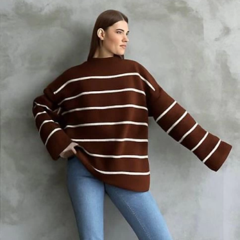 Çizgili ispanyol kol triko boğazlı kahve beyaz elf