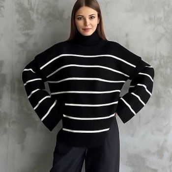 Çizgili ispanyol kol triko boğazlı kazak siyah elf