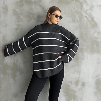 Çizgili ispanyol kol triko boğazlı kazak antrasit elf