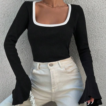 Kare yaka garni detay ispanyol kol bluz siyah a3105