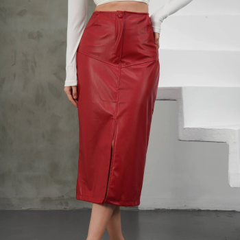 Yırtmaçlı uzun deri etek bordo