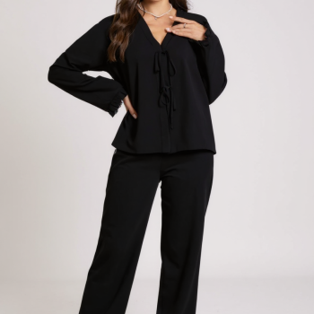 Kadın Siyah Önden Bağlamalı Kolu ve Paçası Fırfır Detaylı Uzun Kollu Pijama Takımı