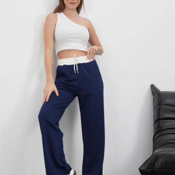 Şeritli garnili pantolon lacivert