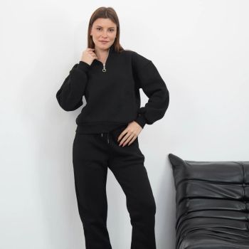 3 iplik içi Şardonlu yarım fermuarlı alt üst takım siyah