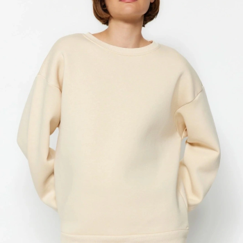 3 iplik şardonlu bisiklet yaka sweatshirt bej