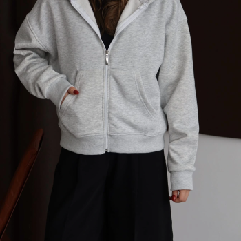 3 iplik şardonlu kapşonlu hoodie frm gri p510437