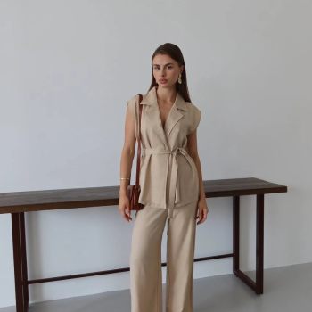 Keten yelek pantolon takım bej pt