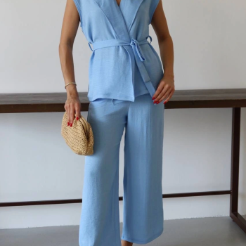 Keten yelek pantolon takım mavi pt