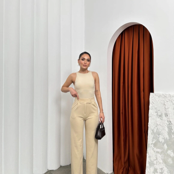 Cırtlı pantolon krep bej pt