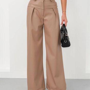 Deri geniş paça beli lastikli pantolon bej h263644