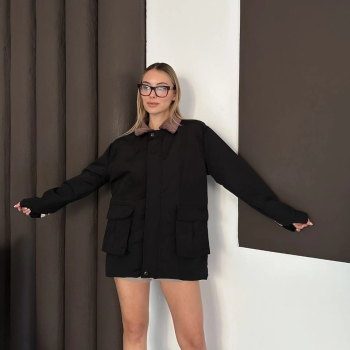 Astarlı yaka detaylı artos ceket siyah st2651019