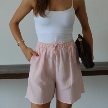 Müslin kumaş şort bağcıklı pembe pt