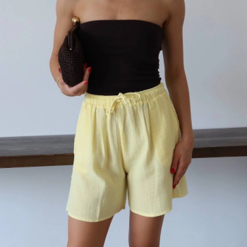 Müslin kumaş şort bağcıklı sarı pt