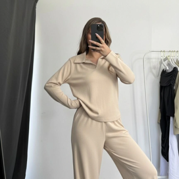 Polo yaka alt üst kollu modal takım bej pt