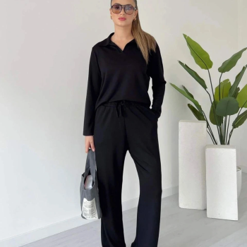 Polo yaka alt üst kollu modal takım siyah pt