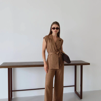 Keten yelek pantolon takım kahve pt