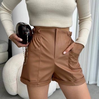 Beli lastikli deri şort kahve H24605