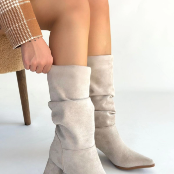 Titen Bej Süet Körüklü Topuklu Çizme