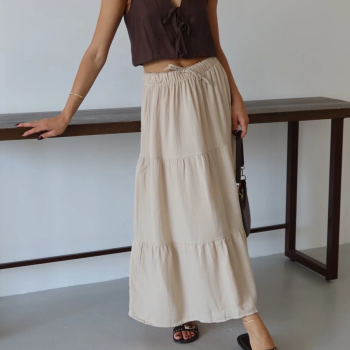 Müslin kumaş keten uzun etek bej pt