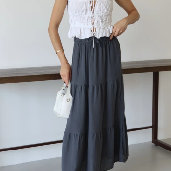 Müslin kumaş keten uzun etek antrasit pt