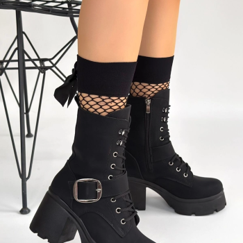 Linma Siyah Nubuk Bağcıklı Topuklu Bot