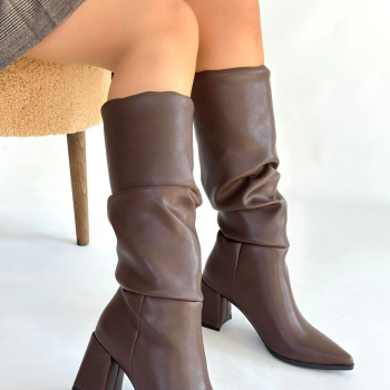 Pitay  Kahverengi Cilt Körüklü Topuklu Çizme