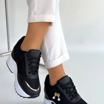 Wody Siyah Cilt Simli Bağcıklı Spor Ayakkabı