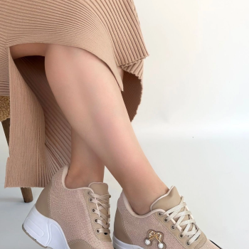 Wody Bej Cilt Simli Bağcıklı Spor Ayakkabı