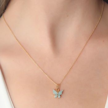 Gold Renk Su Yeşili Kelebek Figür Kadın Kolye