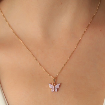 Gold Lila Renk Kelebek Figür Kadın Kolye