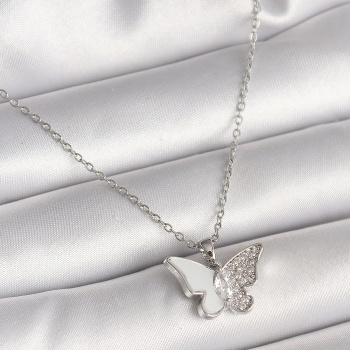 316L Çelik Gümüş Renk Zincir Zirkon Taşlı Beyaz Mineli Kelebek Model Kadın Kolye