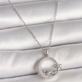 316L Çelik Gümüş Renk Zincir Zirkon Taşlı Ay Yıldız Model Sonsuzluk Detay Kadın Kolye