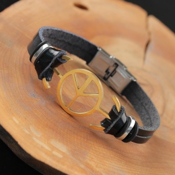 Gold Renk Barış Figürlü Metal Aksesuarlı Siyah Renk Deri Erkek Bileklik