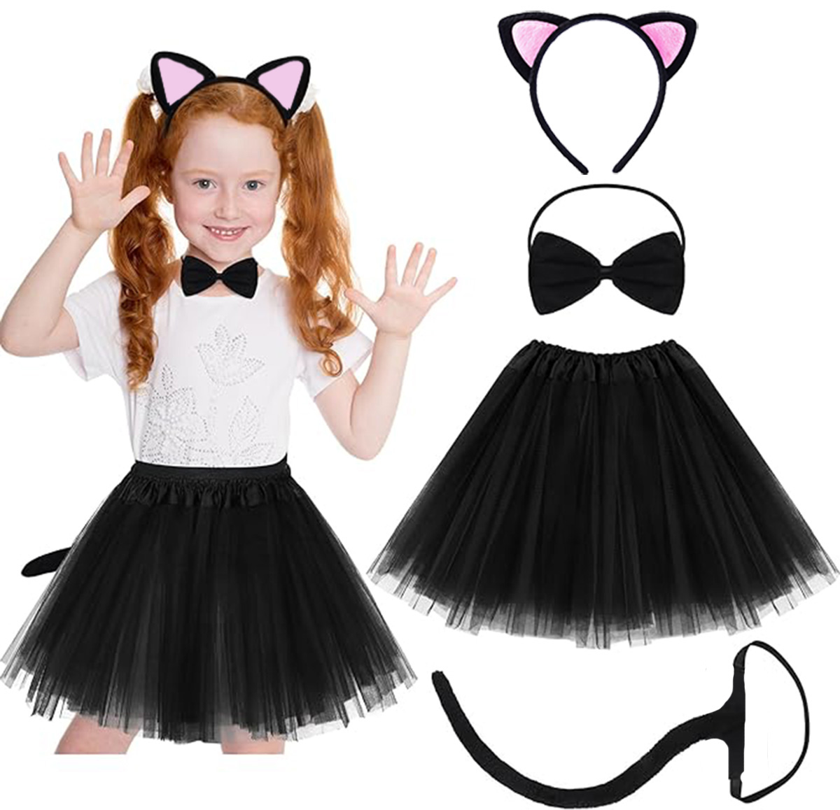 Kedi Kulak Taç Etek Kuyruk ve Papyon 4 lü Set Çocuk Pembe (4767)
