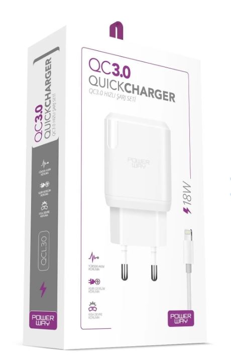 POWERWAY QCL30 HIZLI 3000 MA 18W LIGHTNING ŞARJ KAFA BAŞLIK ADAPTÖRÜ (4767)
