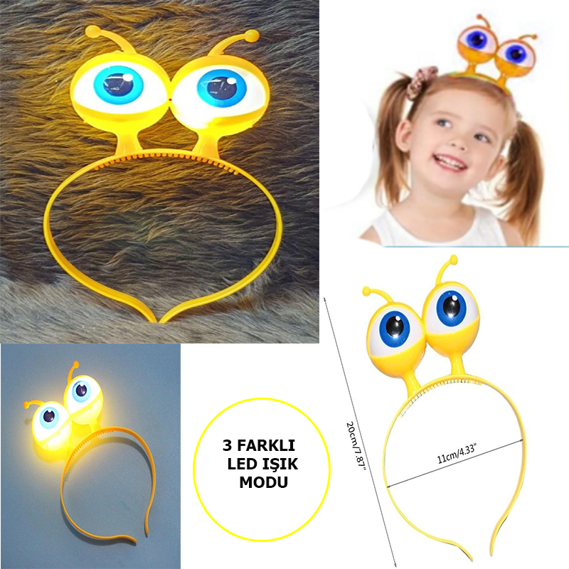 Led Işıklı &amp;amp;amp; Pilli 3 Farklı Modda Yanan Uzaylı Göz Parti Tacı Sarı Renk 18x12 cm (4767)
