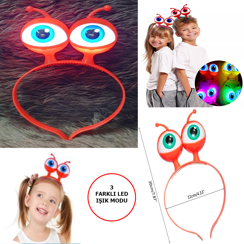 Led Işıklı &amp;amp;amp; Pilli 3 Farklı Modda Yanan Uzaylı Göz Parti Tacı Kırmızı Renk 18x12 cm (4767)