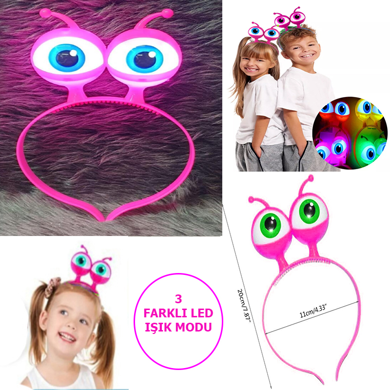 Led Işıklı &amp;amp;amp; Pilli 3 Farklı Modda Yanan Uzaylı Göz Parti Tacı Pembe Renk 18x12 cm (4767)