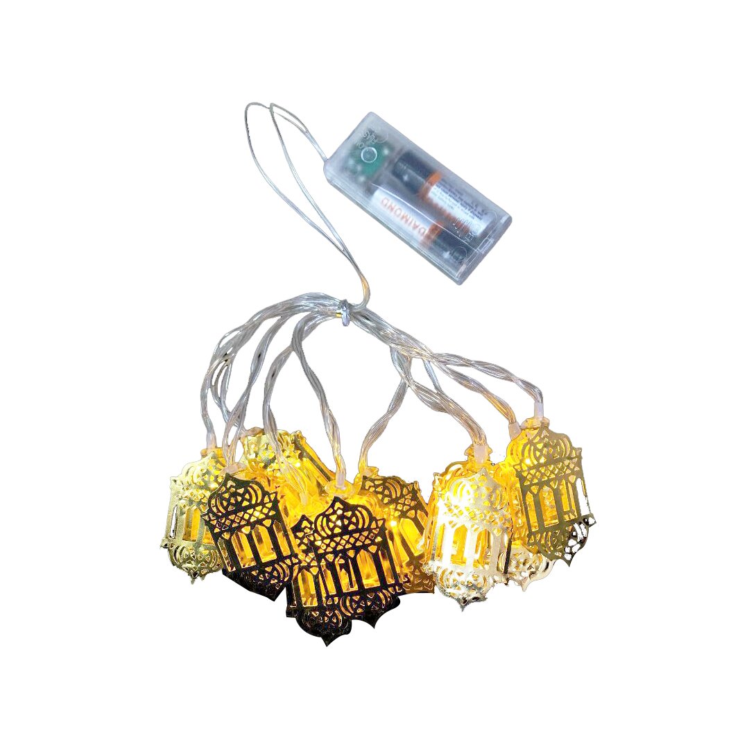 RAMAZAN KANDİLİ MODEL=10PCS   GOLD METAL   PİLLİ  DEKORATİF LED IŞIK - LAMBA  2MT KABLO (4767)