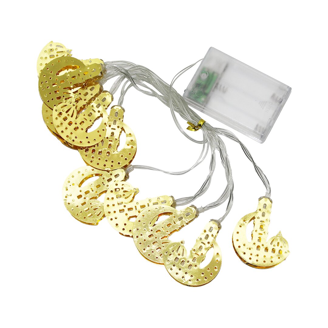 CAMİ-MİNARE AY-YILDIZ MODEL=10PCS GOLD METAL PİLLİ DEKORATİF LED IŞIK - LAMBA 2MT KABLO (4767)