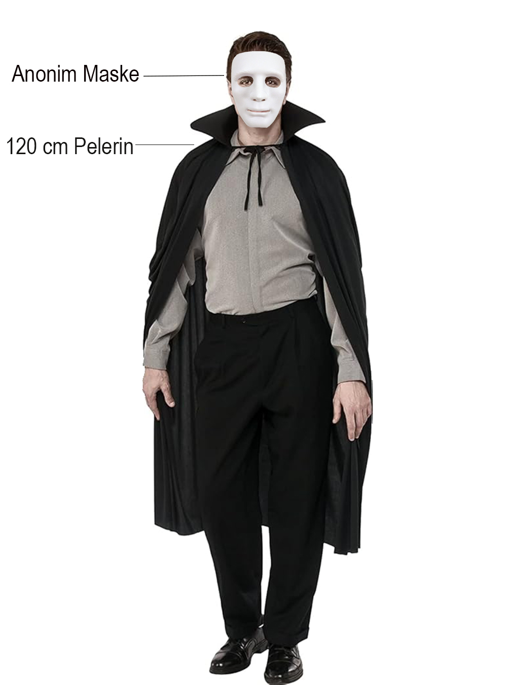 Siyah Renk Yakalı 120 cm Pelerin ve Beyaz Anonim Maske (4767)