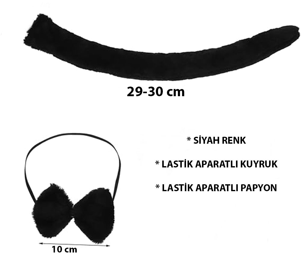 Peluş Siyah Renk Kuyruk ve Papyon Yetişkin Çocuk Uyumlu (4767)
