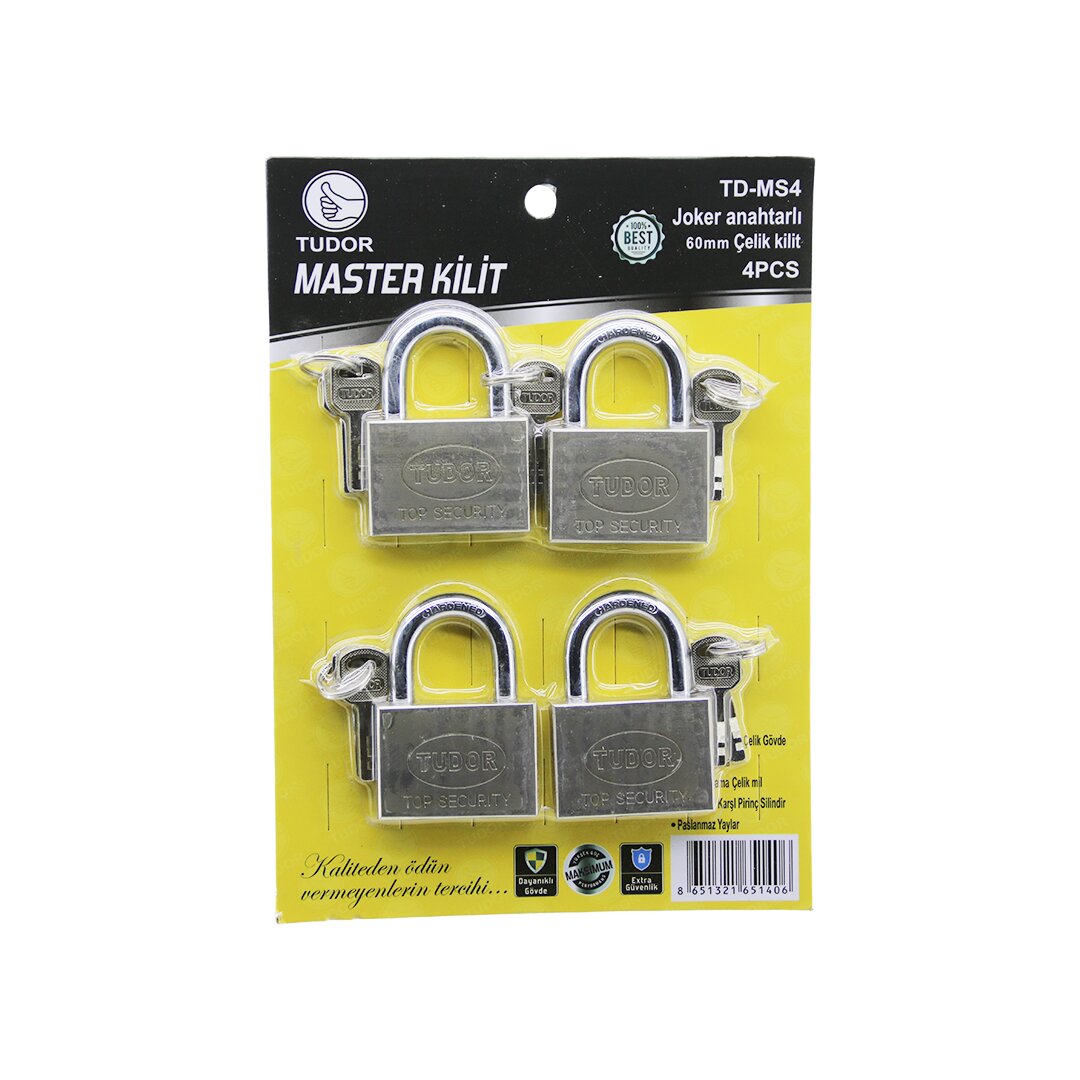 TUDOR TD-MS4 MASTER 4PCS JOKER ANAHTARLI=TEK ANAHTARLA 4 KİLİT AÇ  60MM - GRİ KISA KANCALI ÇELİK ASMA KİLİT (4767)